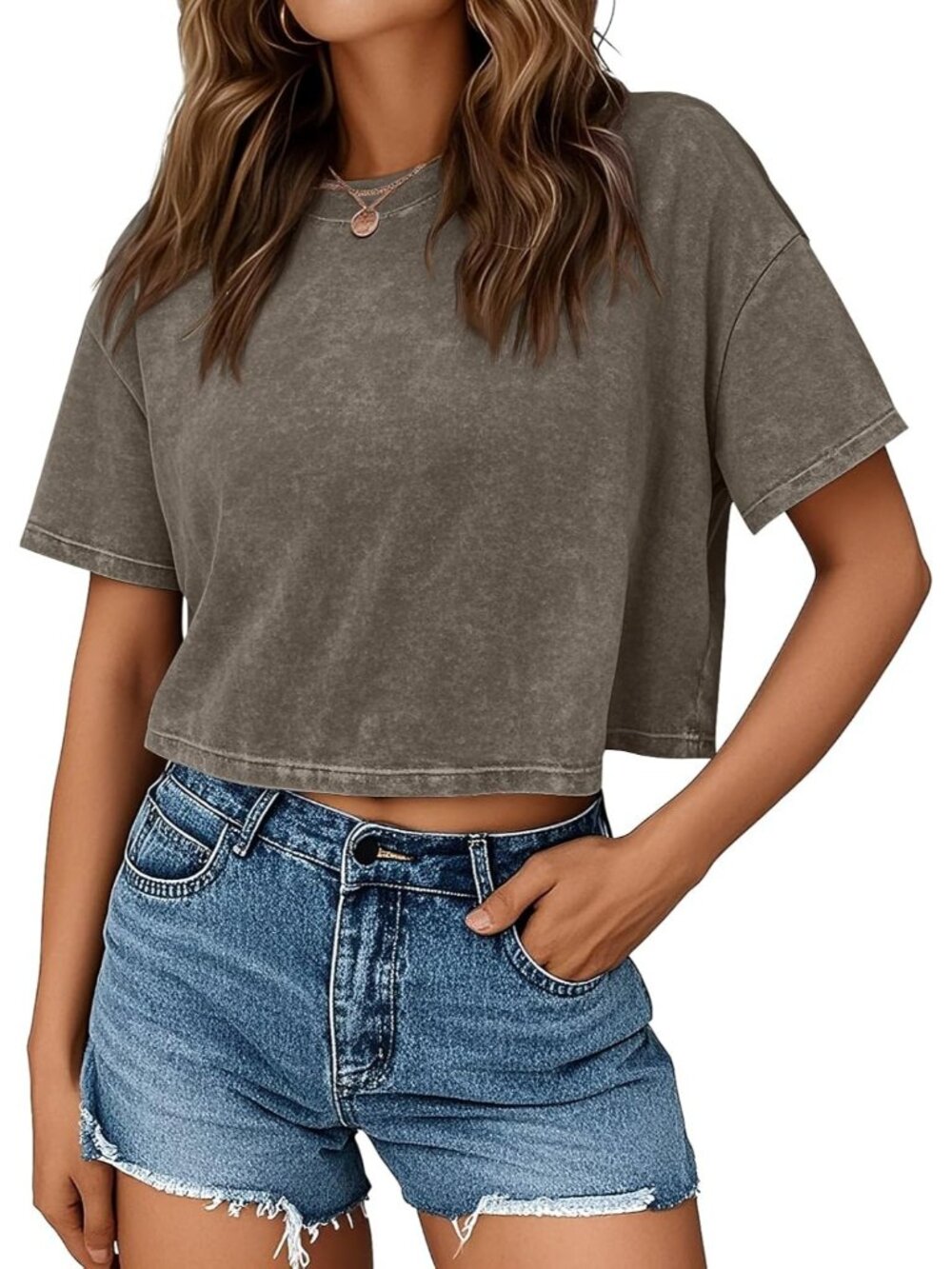 Women's Light Brown Short Sleeve ACID Wash Casual Summer Baggy Cotton Crop Tops